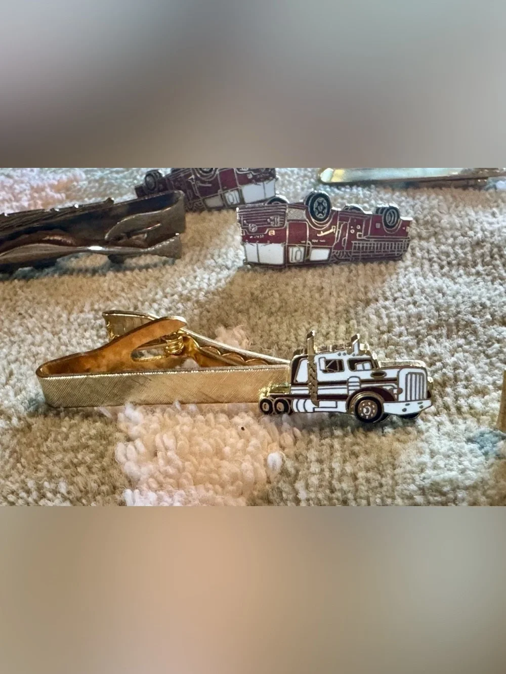 Vintage Firetruck Set Cufflinks Tie Clip And 3 More Tie Clips Semi Trucks Devil